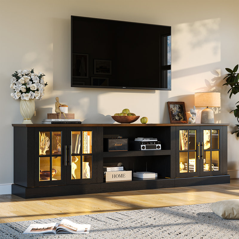 80" Farmhouse TV Stand With LED Light, Glass Cabinet & Open Shelves, Fits Tvs Up To 90", 26.8"H x 80.4"L x 15"W, Black