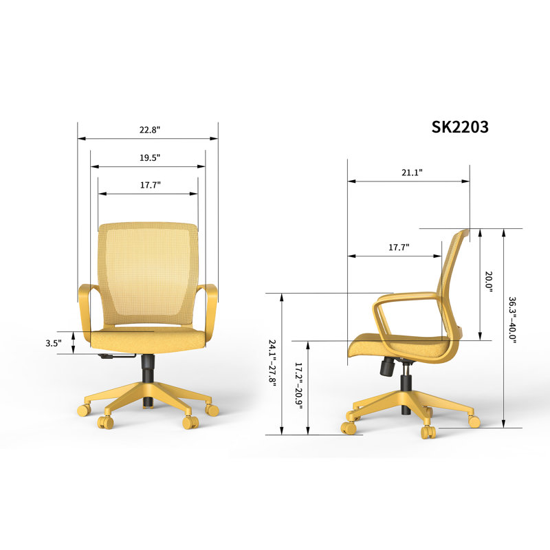 Chaise de bureau ergonomique en maille, supportant jusqu'à 159 kg (350 lb), avec accoudoirs fixes, jaune., H 20 po, Jaune