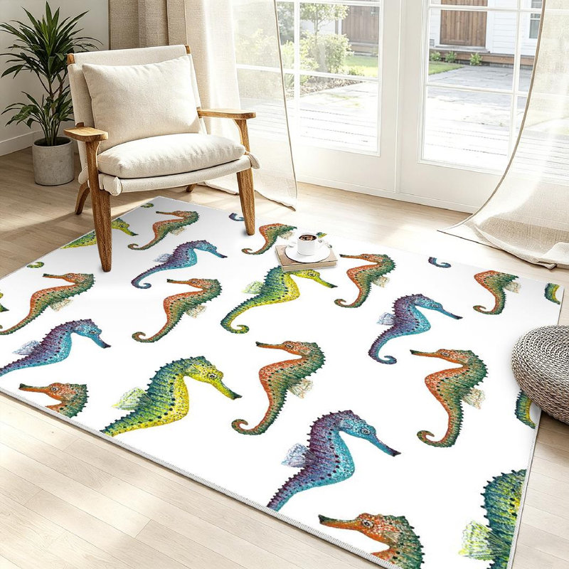Tapis bleu, bleu, hippocampe et aquarelle, Rectangle 39" x 63"