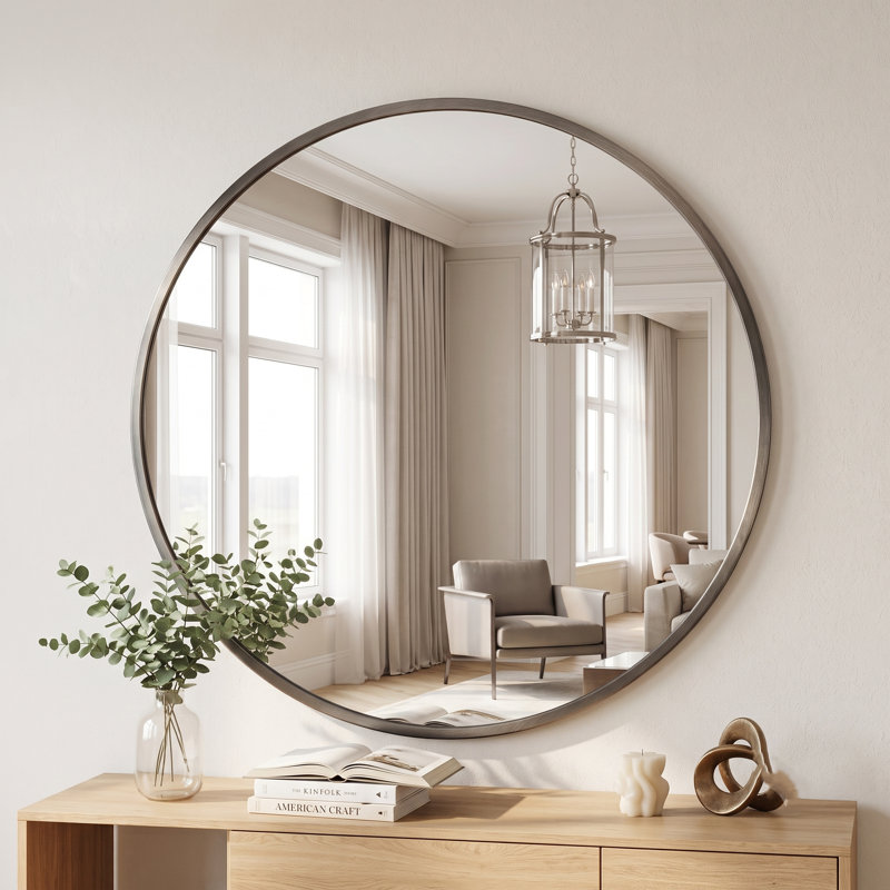 Adelina 30-Inch Round Metal Wall Mirror, Black