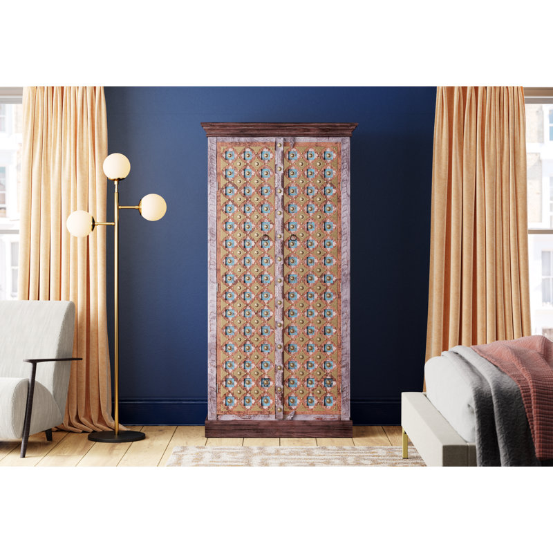 Elspeth 2 Door Solid Wood Wardrobe, Blue/Gold