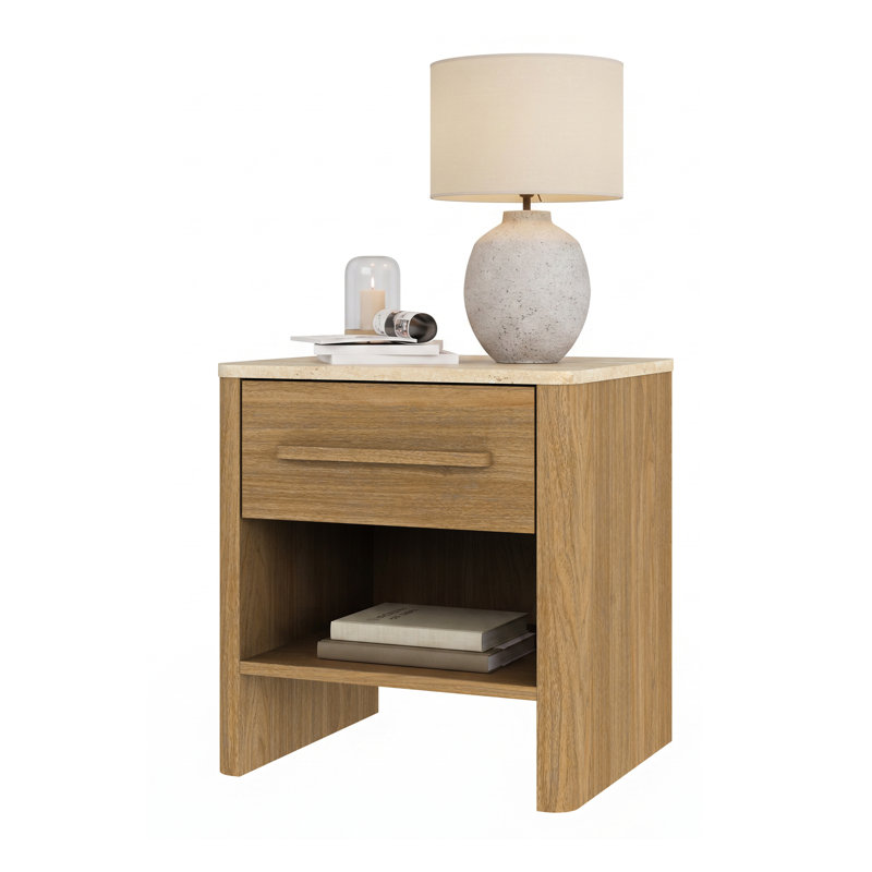 Table de chevet 1 tiroir H 18,9 po avec plateau en travertin et rangement ouvert Bramwell