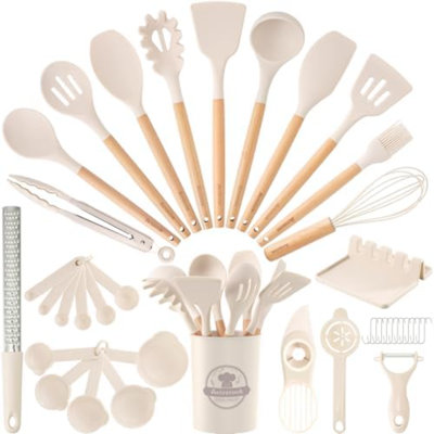 Ensemble de 39 ustensiles de cuisine en silicone avec manche en bois, comprenant des spatules et cuillères résistantes à la chaleur jusqu'à 230 °C (446 °F), sans BPA, pour une utilisation dans des ustensiles antiadhésifs.