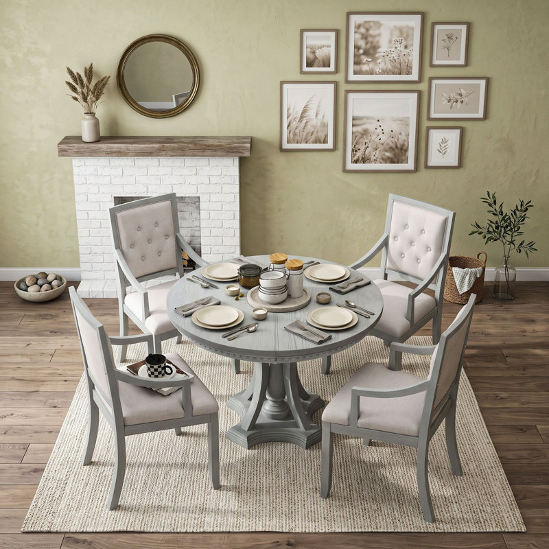 Ensemble de table de salle à manger ronde extensible rétro en chêne avec quatre fauteuils rembourrés, Antique Grey
