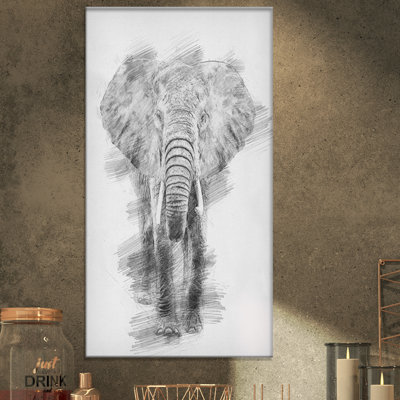 'Black and White Elephant' Drawing Print on Wrapped Canvas