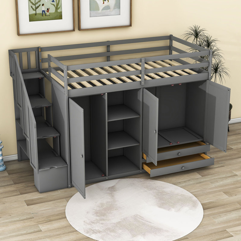Filaretos Kids Twin Loft Bed with Drawers, Gray