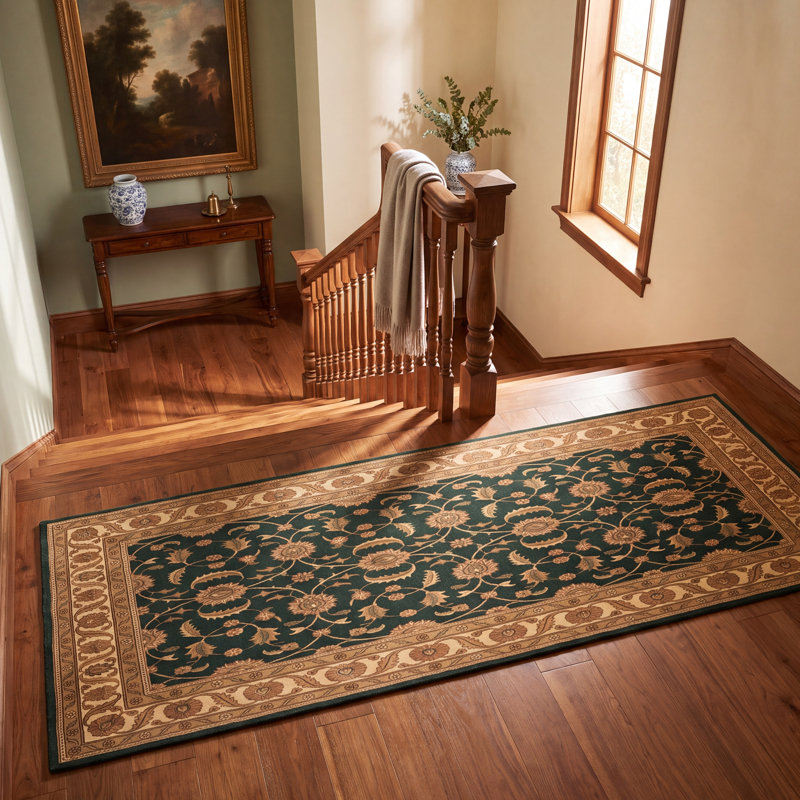 Tapis Courtyard traditionnel à motifs floraux or, vert, crème et ivoire, lavable à la machine, antidérapant, à poils courts, pour l'intérieur et l'extérieur, adapté aux animaux domestiques, idéal pour le salon, la chambre, la salle à manger, l'entrée, le couloir ou le bureau.