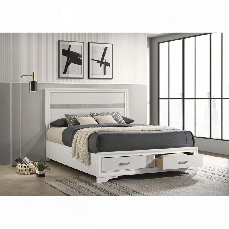 Storage Panel Bed with 2 Drawer, White, Queen