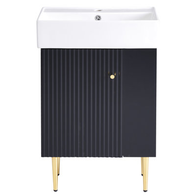 Lavabo de salle de bain moderne 21,6 "avec armoire de rangement en céramique et tiroir droit noir