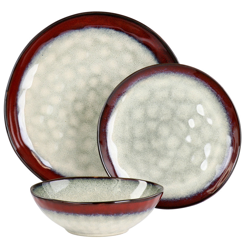 Service de table en grès 12 pièces Coger, Rouge, blanc cassé
