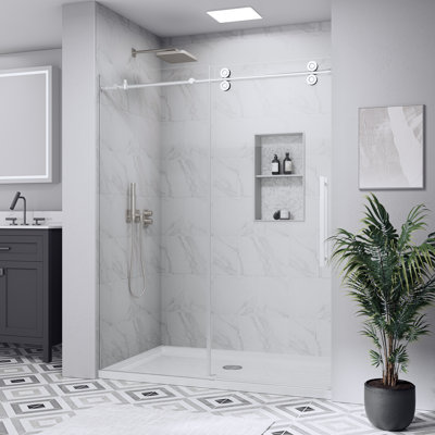 44"- 48" W x 74"H Single Sliding Frameless Shower Door, Sliding Door with 1/4" (6mm) Tempered Glass, Easy-Clean Nano Coating for Walk-in Shower, Smooth Quiet Glide, Chrome