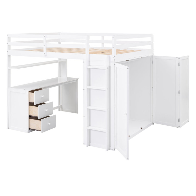 Lit mezzanine double - blanc. Tiroirs, bureau et garde-robe inclus. Fabrication. Pas de sommier tapissier. L 78,3 po x l 56,7 po x H 65 po. Pour un sommeil confortable Blanc avec solution de chambre polyvalente pour tous