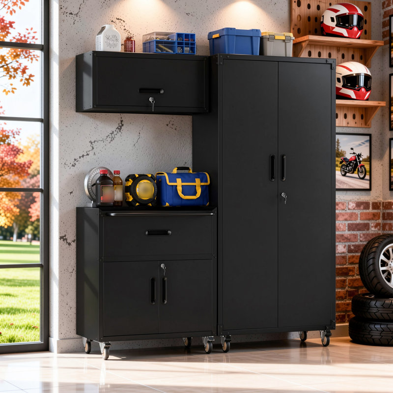 Ensemble de rangement pour garage en 3 pièces : armoires métalliques à roulettes, armoire murale, armoire à un tiroir sur roulettes, armoire à panneaux perforés haute et coffre à outils verrouillable.
