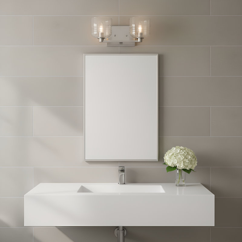 Applique murale de salle de bain 2 lumières Lochdale au fini nickel brossé avec abat-jour côtelé transparent, Nickel brossé