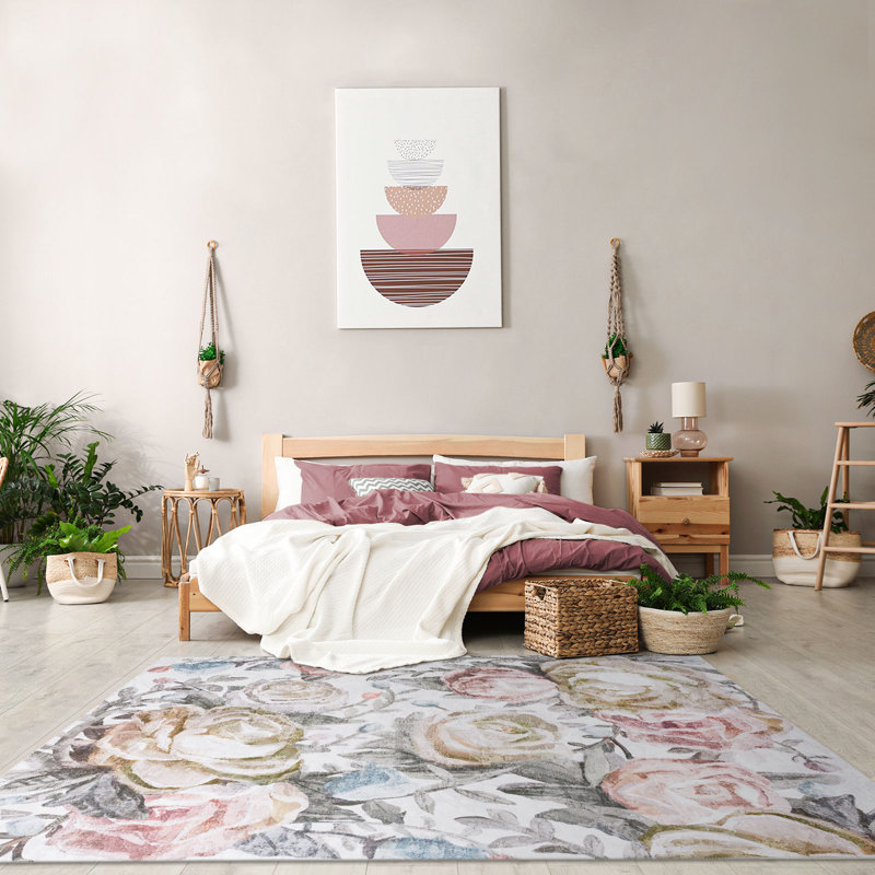 Jasmine Modern Flower Design Machine Washable Area Rug Pink/Yellow/Ivory Multi, Rectangle 3'6" x 5'6"