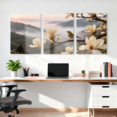 Ensemble de 3 toiles murales représentant des fleurs de magnolia et un paysage de montagne, pour la décoration du salon et de la chambre.