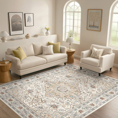 Boho Tribal Washable Vintage Oriental Area Rug for Living Room Bedroom-Beige