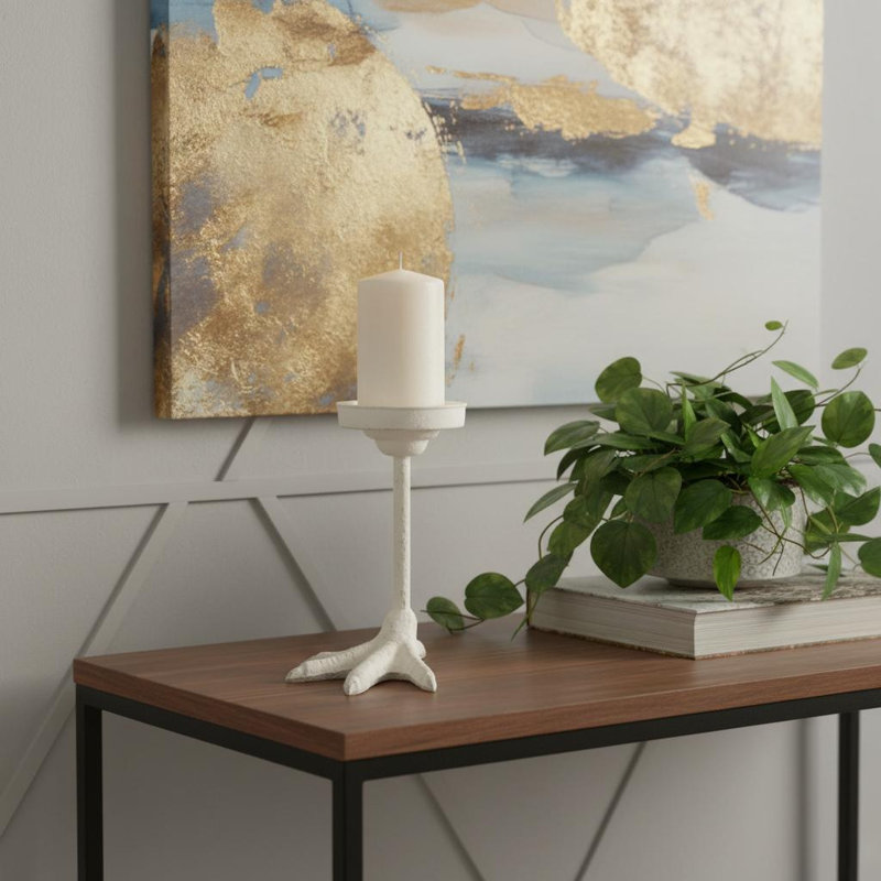 9" White Cast Iron Tabletop Pillar Candle Holder
