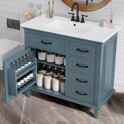 Meuble-lavabo autoportant de 36 po avec comptoir en céramique, structure en bois massif, armoire en bois aggloméré et peuplier avec tiroirs rabattables et tablette réglable, poignées en alliage de zinc, robinet non inclus