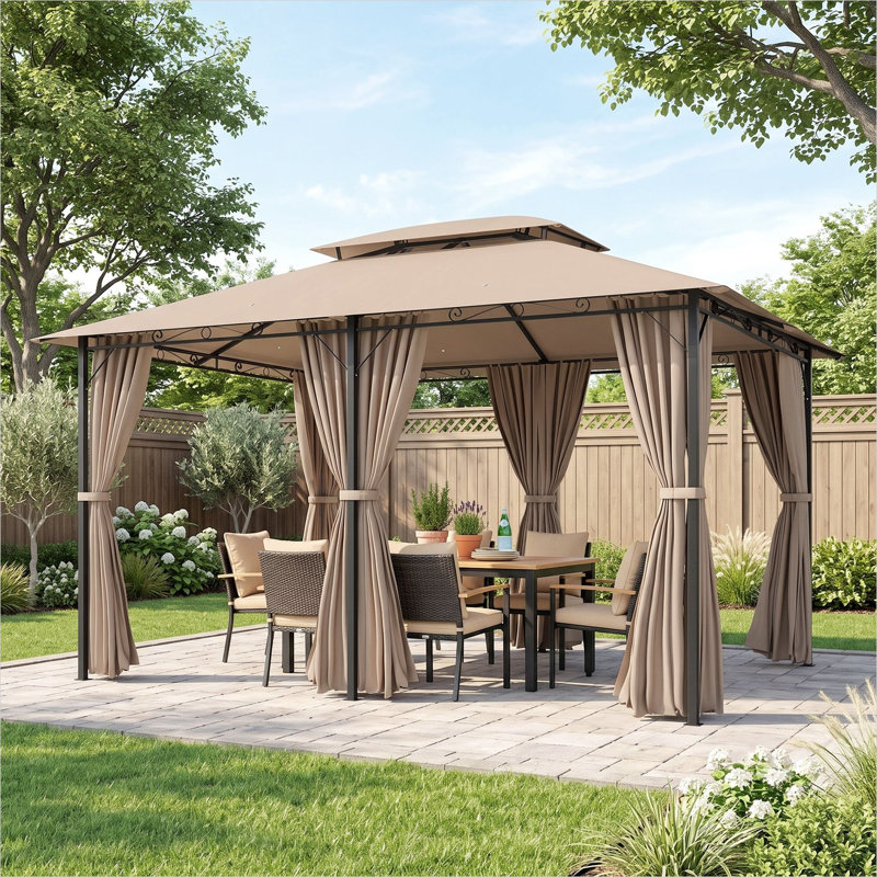 Pavillon de jardin en métal de couleur kaki, 10 x 13 pi avec tissu en acier et polyester, tissu en acier kaki et polyester