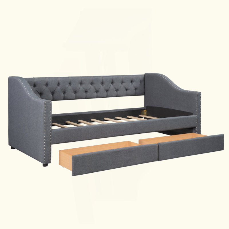 Upholstered Daybed With Two Drawers, Wood Slat Support