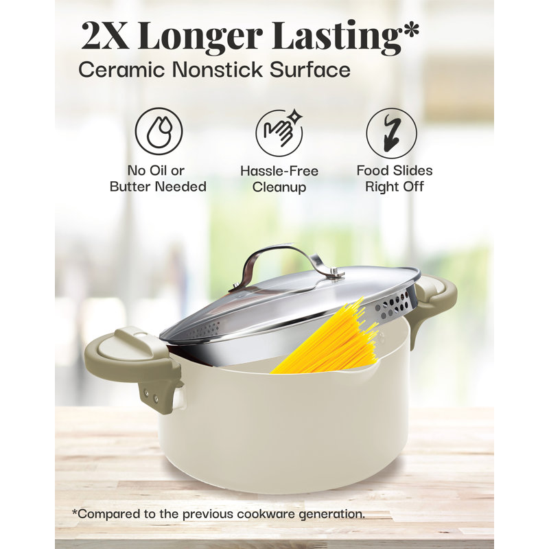 Cream Aluminum 5 Qt Nonstick Pasta Pot with Strainer Lid