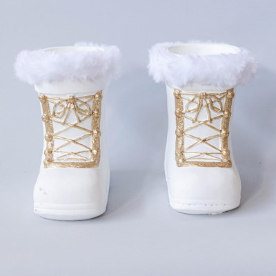 Set Of 2 Festive Set Of Two Cement Pots Shaped Like Winter Boots- Finished In White With Golden Details And Faux Fur Trim Planters