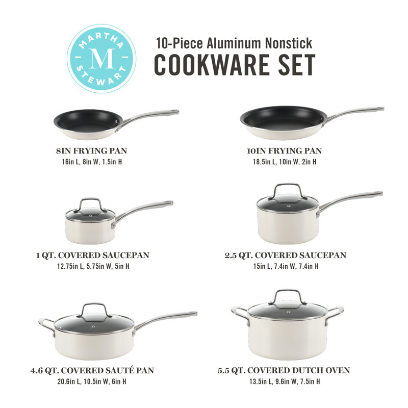 Batterie de cuisine antiadhésive en aluminium 10 pièces Martha Stewart, Lin