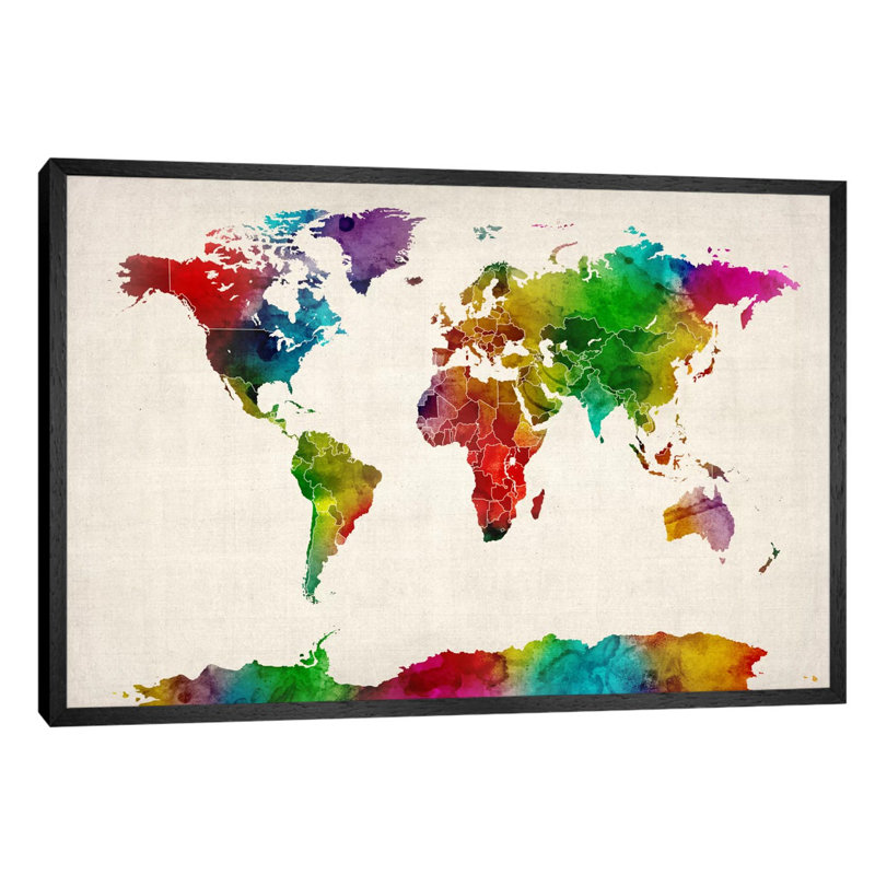 Watercolour Map Of The World III by Michael Tompsett - Floater Frame Print on Canvas, 101.6 cm H x 66.04 cm W, Black Framed