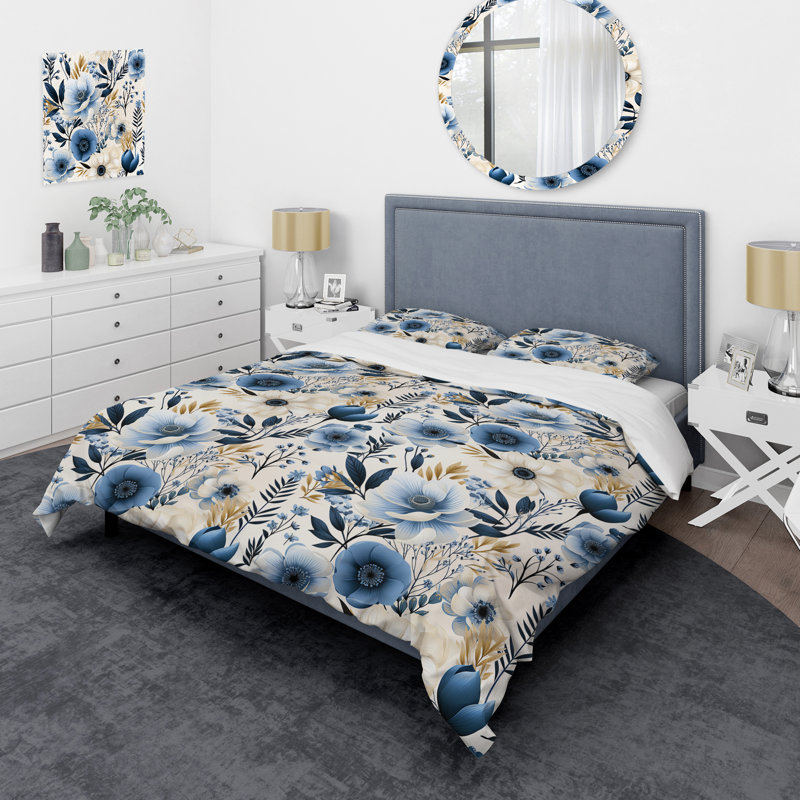 Literie Classic Blue Harmony Bouquet III, Housse de couette pour très grand lit et 2 très
