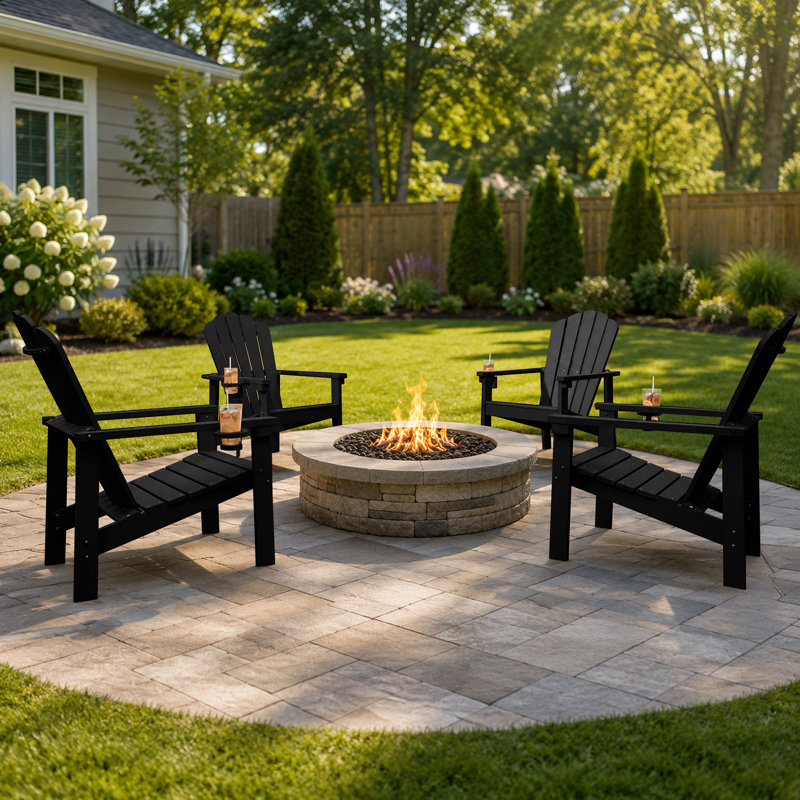 Outdoor HDPE Plastic Stackable Adirondack Chairs with Cup Holders, All-Weather Patio Chairs (Set of 2), 2, Black