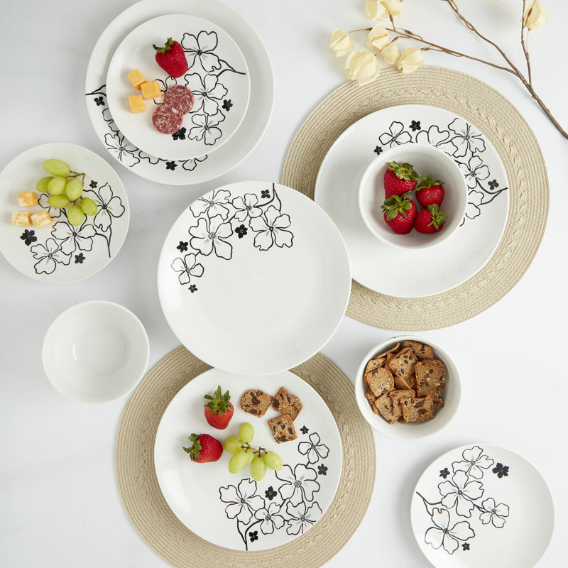 Margo White and Black Floral Porcelain 12-Piece Dinnerware Set
