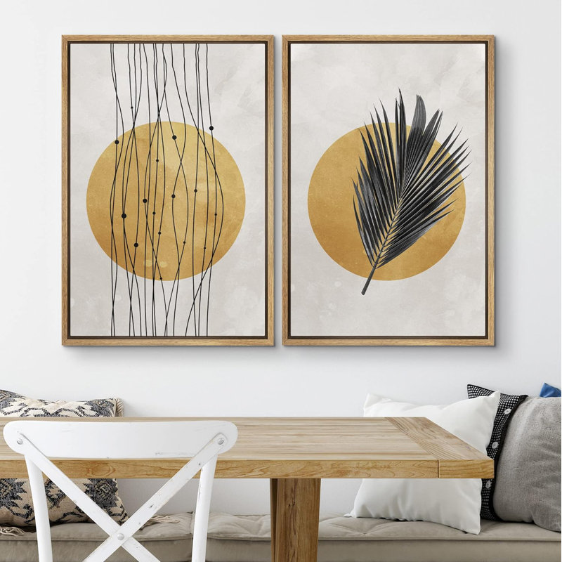 Minimal feuille tropicale et soleil doré, nature sauvage, art moderne, rustique, détente, calme, sombre, 2 pièces, Naturel