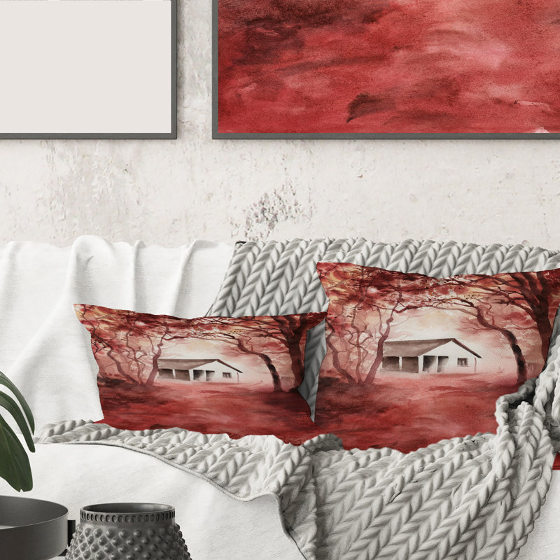 House in Red Autumn Woods - Coussin décoratif imprimé Cabin & Lodge, 16" x 16"