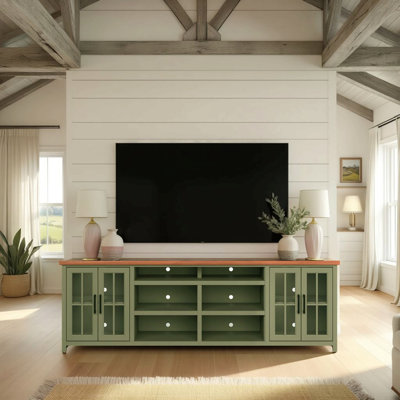 Meuble télé 96 po pour téléviseur de 100 po ou moins, aucun assemblage requis, finition vert sauge et bois fruitier