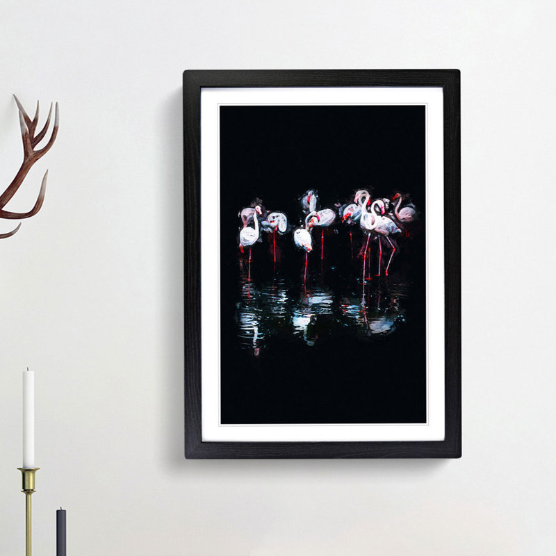 Reflection of Flamingos in Abstract - Picture Frame Graphic Art Print, 87cm H x 62cm W x 2cm D, Black Framed