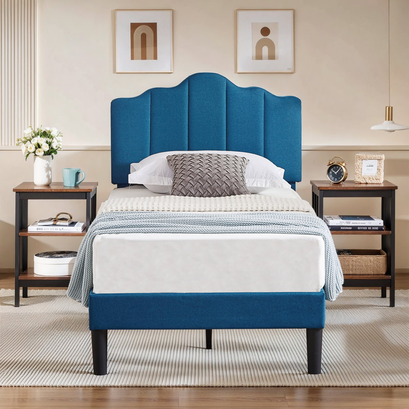 Lit simple tapissier avec 2 tables de chevet - Ensemble de chambre à coucher moderne, Lit simple