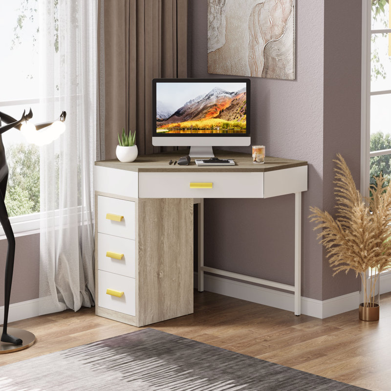 Bureau en coin avec 4 tiroirs, Natural/White