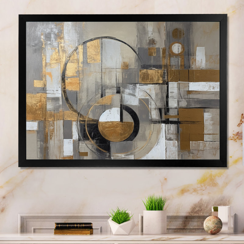 Or et gris, simplicité radicale I - art abstrait Mid-Century, Cadre simple noir, H 16 po x l 32 po x P 1 po