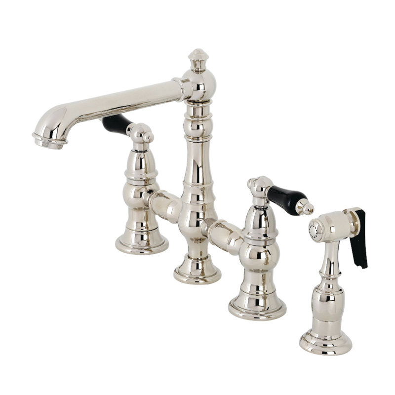 Kingston Brass Duchess Two-Handle 4-Hole Deck Mount Bridge Kitchen Faucet with Brass Side Sprayer, Polished Nickel