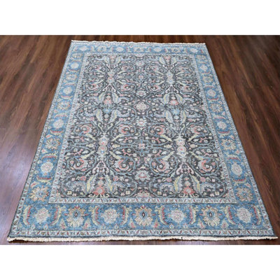 7'8"x9'6" Charcoal Black, Cropped Thin, Antiqued Zeigler Mahal with Zero Pile, Hand Knotted, 100% Wool, Oriental Rug