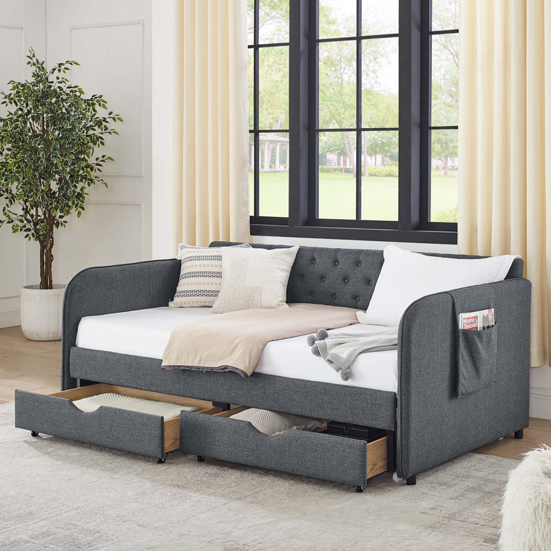 Twin Size Upholstery Daybed With Trundle Bed And Two Storage Drawers, Dark Gray