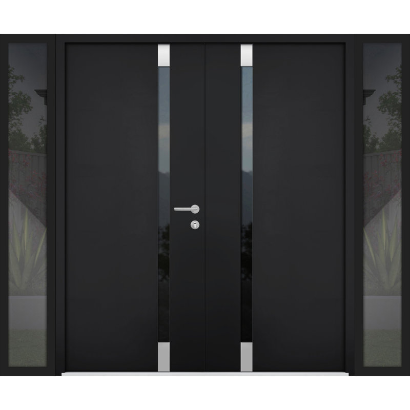 Porte d'entrée extérieure double prémontée en aluminium Cynex 6777, verre clair miroir noir, style moderne, peinte (L 72 x H 80), ouverture à gauche vers l'extérieur
