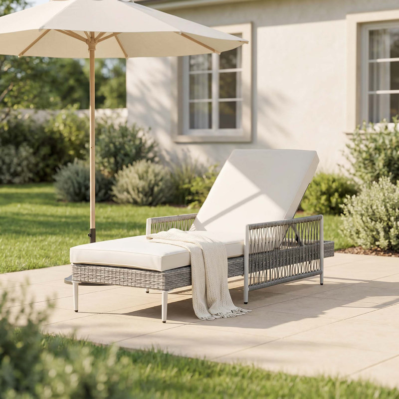 Chaise longue en rotin toutes saisons avec inclinable réglable à 6 positions, Gris