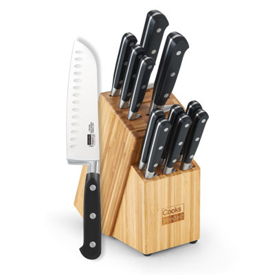 Cooks Standard Classic Bamboo Kitchen Cutlery Block Set with Knifes, Stainless Steel Forge High Carbon German Blade with Expandable Bamboo Storage Block for Extra Slots, 12-Piece, Black