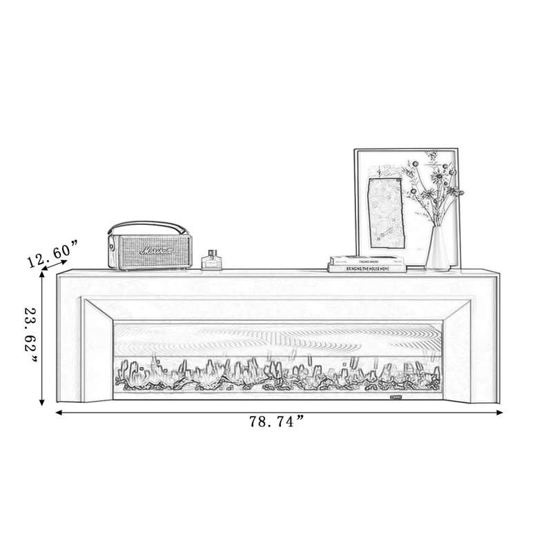White Solid Wood TV Cabinet Fireplace, 23.62" H x 78.74" W x 12.6" D, White