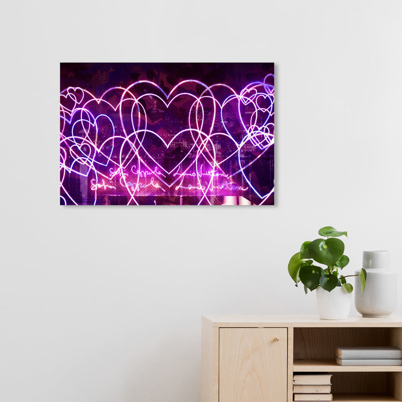 Modern Purple and Neon Magenta LED Hearts Canvas Wall Art