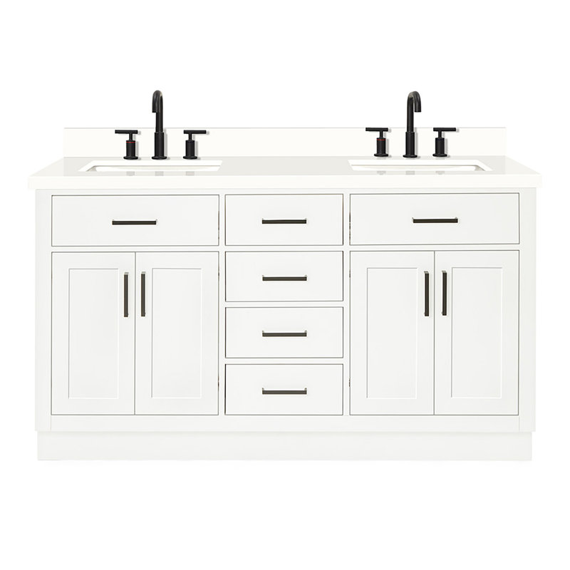 Tidworth Solid Wood Double Bathroom Vanity with 1.5'' White Quartz Top, White / Matte Black, Rectangular