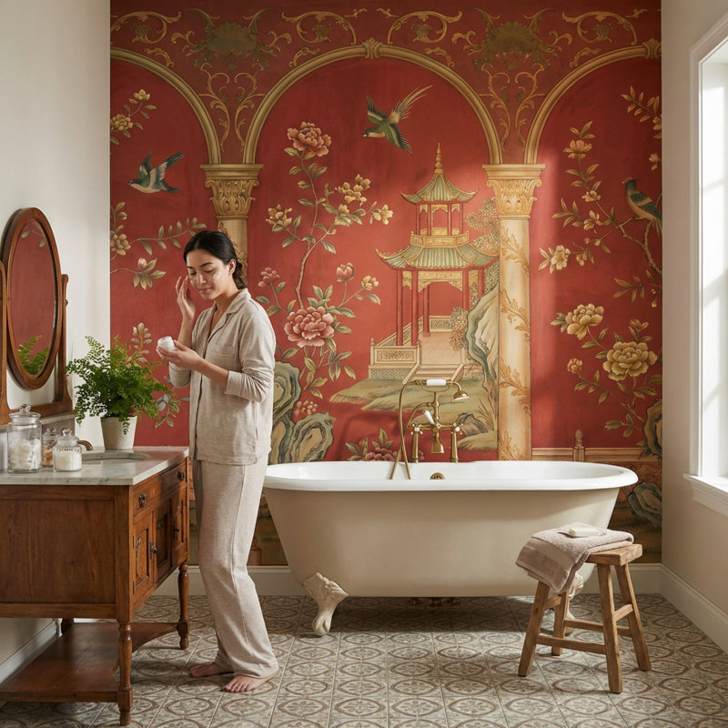 Papier peint chinois Pavillon de pagodes sur fond rouge, Texturé non collé, 120 po x 96 po