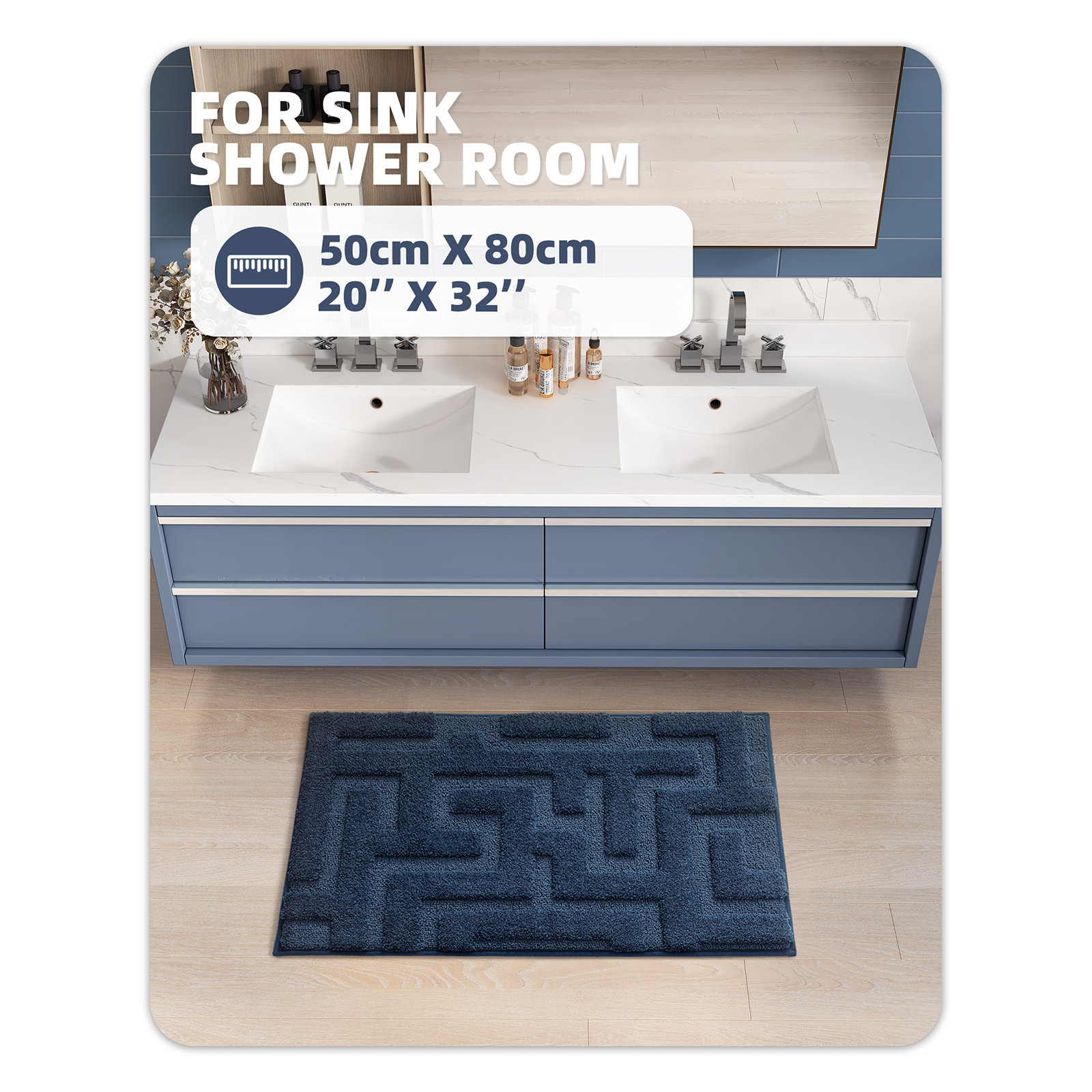 Non-Slip Bath Rug, 20" L x 32" W, Blue
